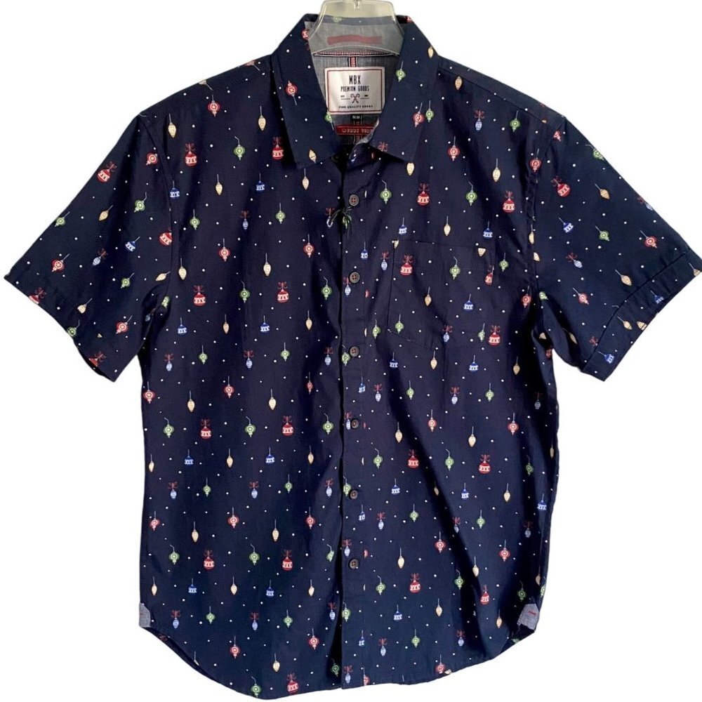 MBX Premium Goods Christmas Shirt Button Down Navy with Ornaments Medium NEW